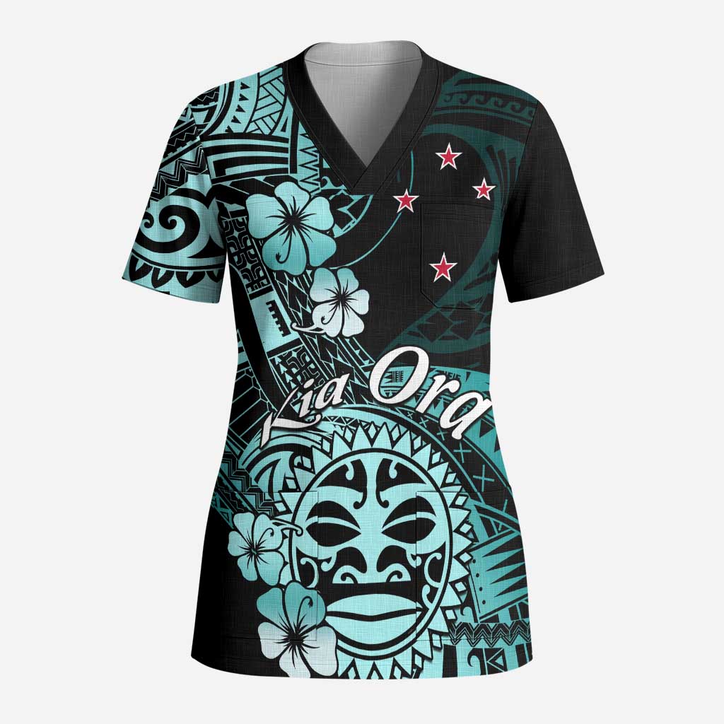 Aotearoa Kia Ora New Zealand Ta Moko Turquoise Version Scrub Top - Polynesian Pride
