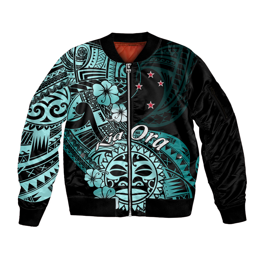 Aotearoa Kia Ora New Zealand Ta Moko Turquoise Version Sleeve Zip Bomber Jacket LT01 Unisex Turquoise - Polynesian Pride