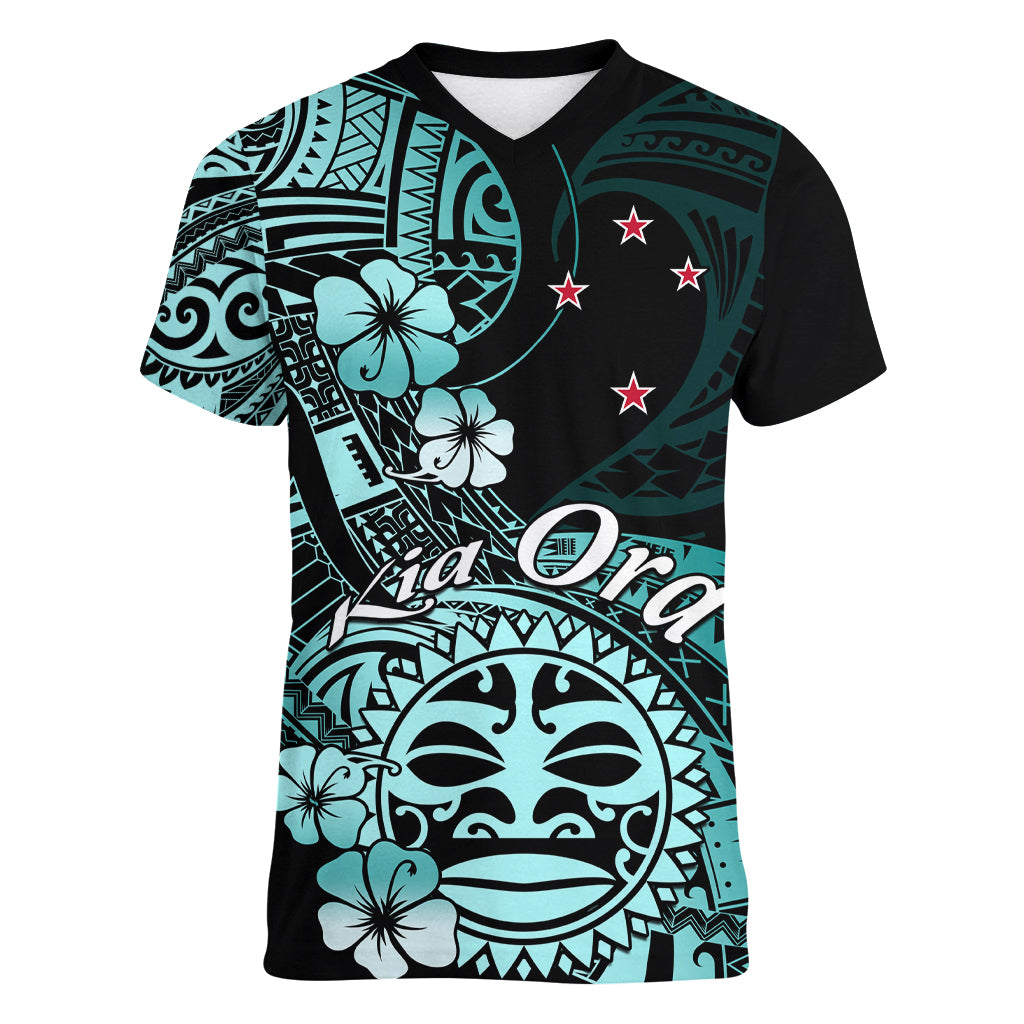 Aotearoa Kia Ora New Zealand Ta Moko Turquoise Version Women V Neck T Shirt LT01 Female Turquoise - Polynesian Pride