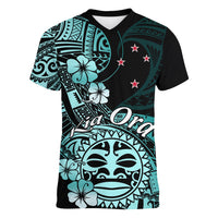 Aotearoa Kia Ora New Zealand Ta Moko Turquoise Version Women V Neck T Shirt LT01 Female Turquoise - Polynesian Pride