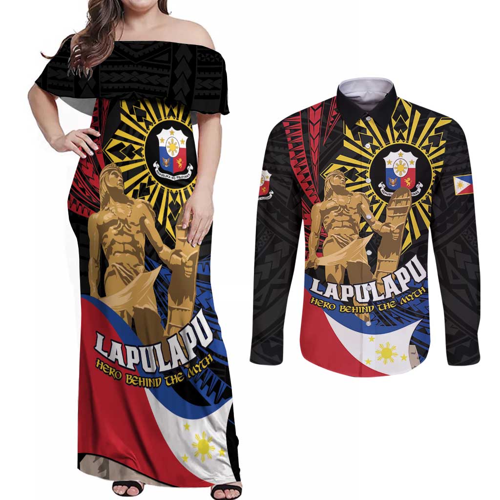 Personalized Lapulapu The First Filipino Hero Couples Matching Off Shoulder Maxi Dress and Long Sleeve Button Shirt Polynesian Pattern