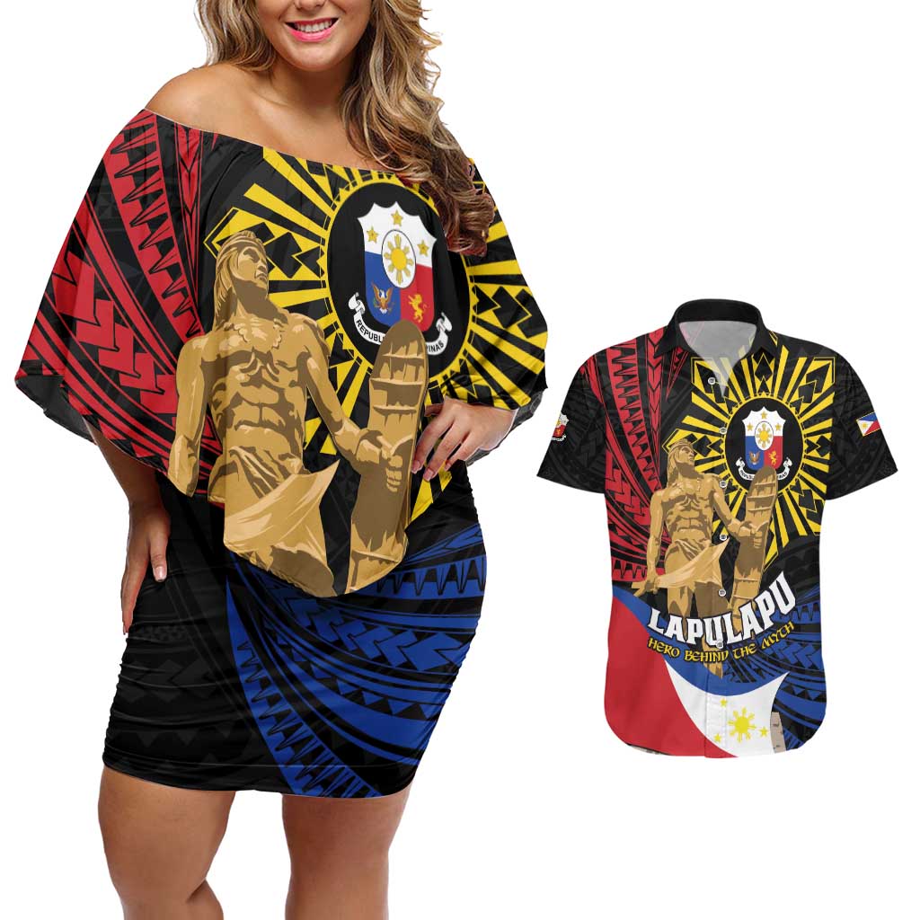 Personalized Lapulapu The First Filipino Hero Couples Matching Off Shoulder Short Dress and Hawaiian Shirt Polynesian Pattern