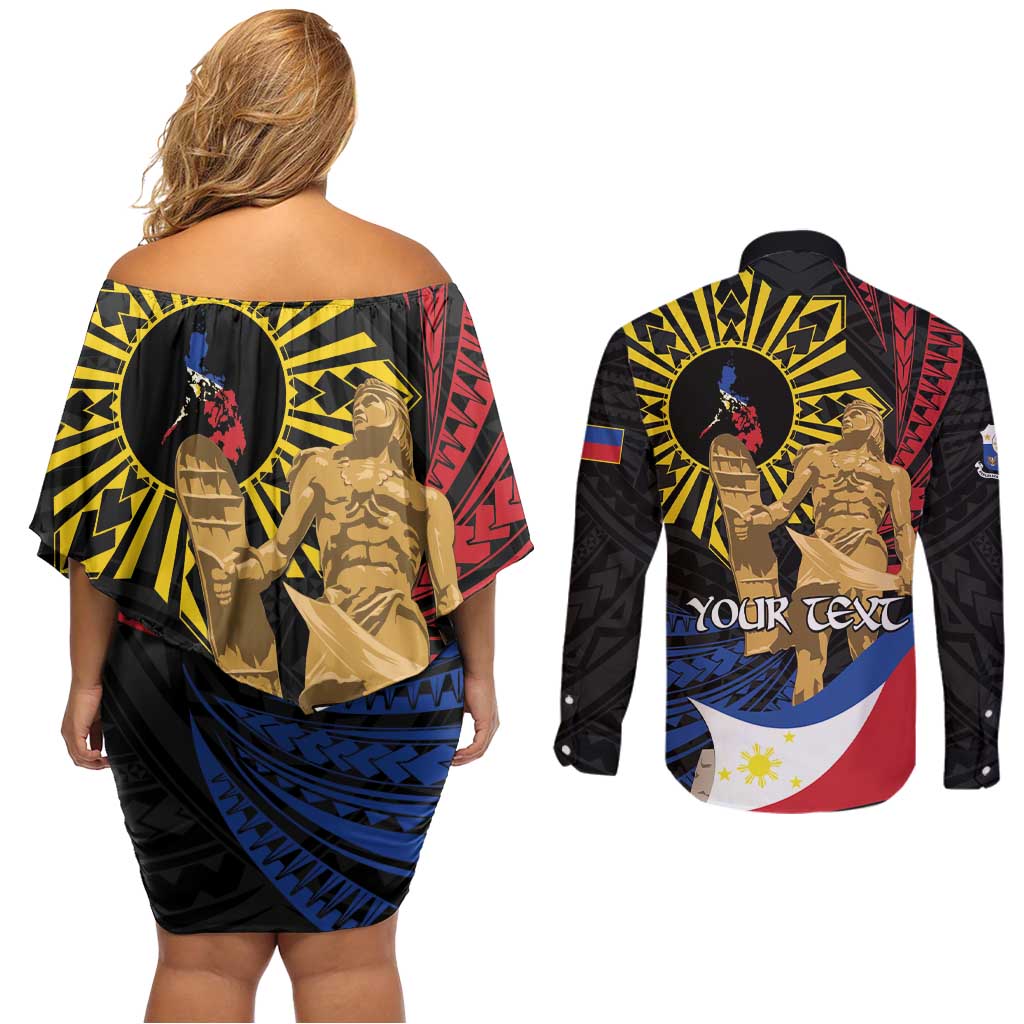 Personalized Lapulapu The First Filipino Hero Couples Matching Off Shoulder Short Dress and Long Sleeve Button Shirt Polynesian Pattern
