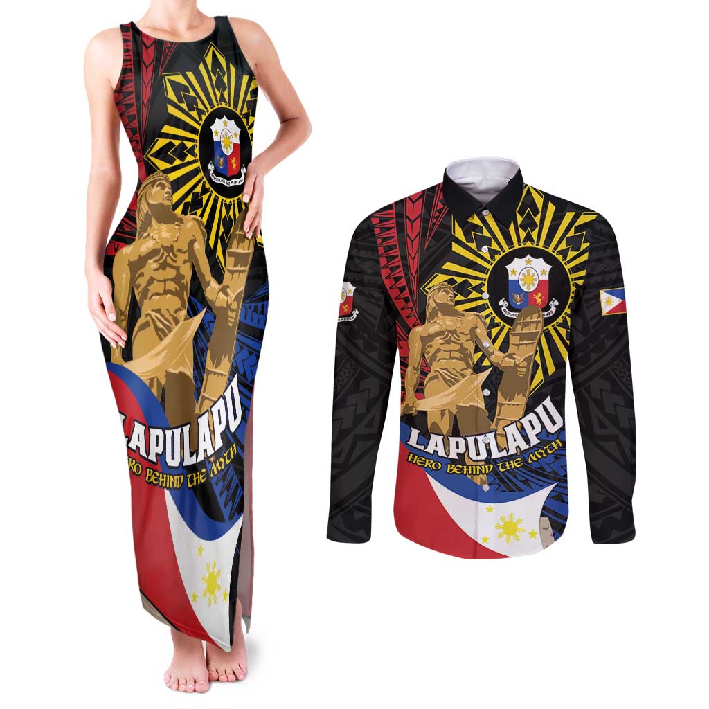 Personalized Lapulapu The First Filipino Hero Couples Matching Tank Maxi Dress and Long Sleeve Button Shirt Polynesian Pattern