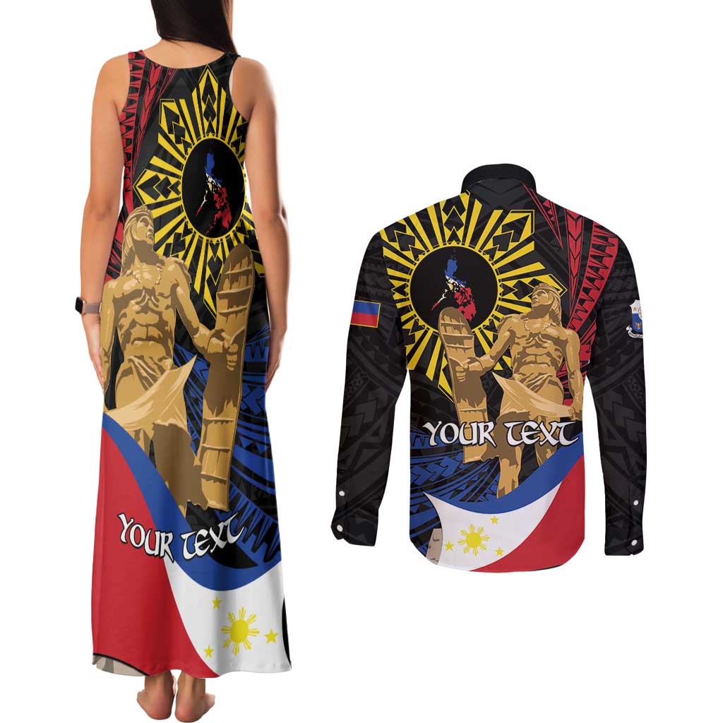 Personalized Lapulapu The First Filipino Hero Couples Matching Tank Maxi Dress and Long Sleeve Button Shirt Polynesian Pattern