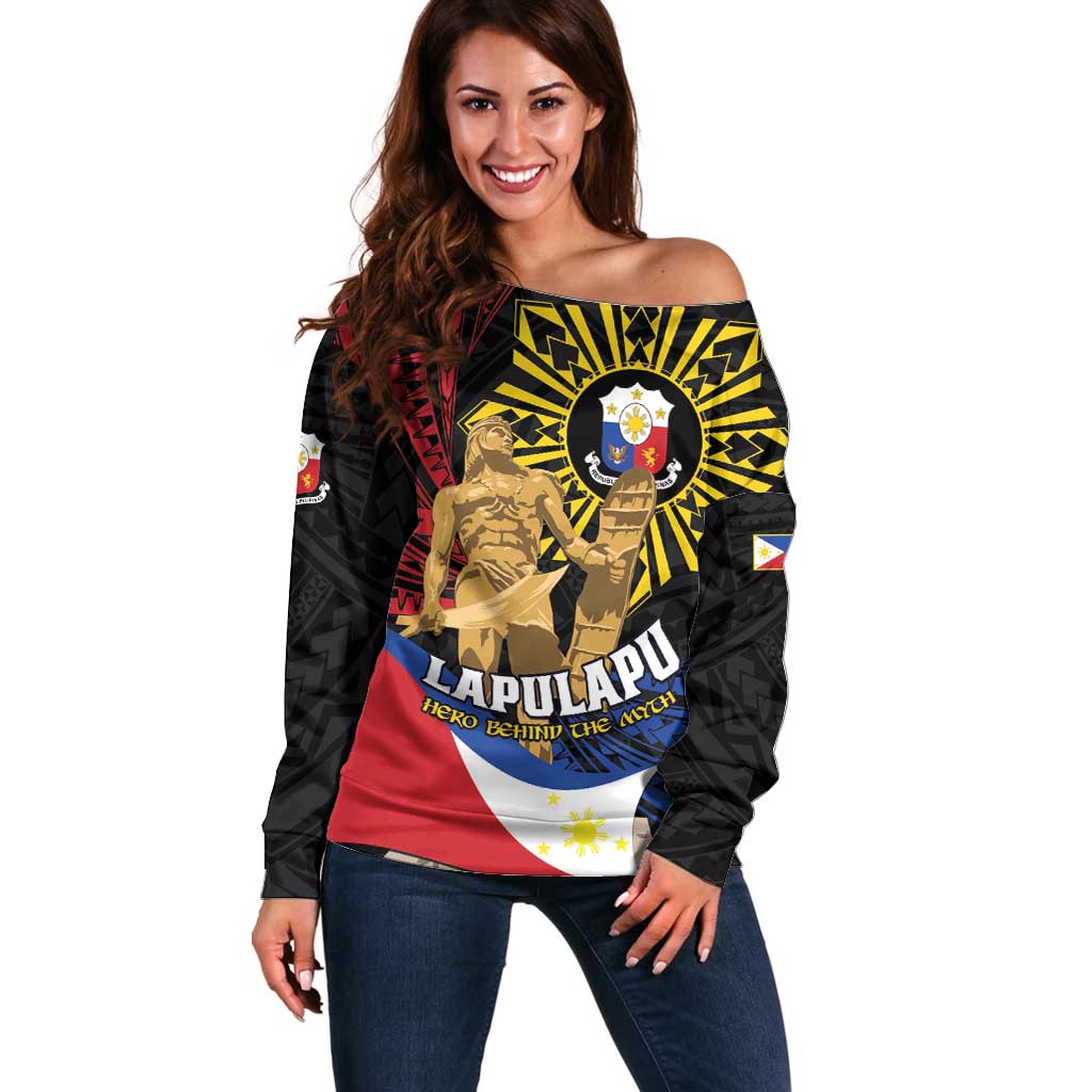 Personalized Lapulapu The First Filipino Hero Off Shoulder Sweater Polynesian Pattern