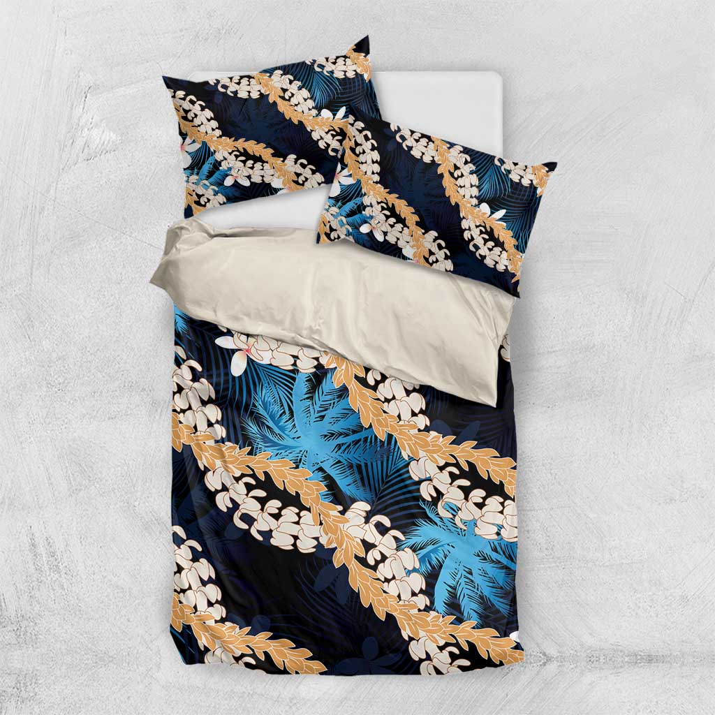 Puakenikeni Maile Lei Bedding Set Frangipani Blue Tropical Leaves