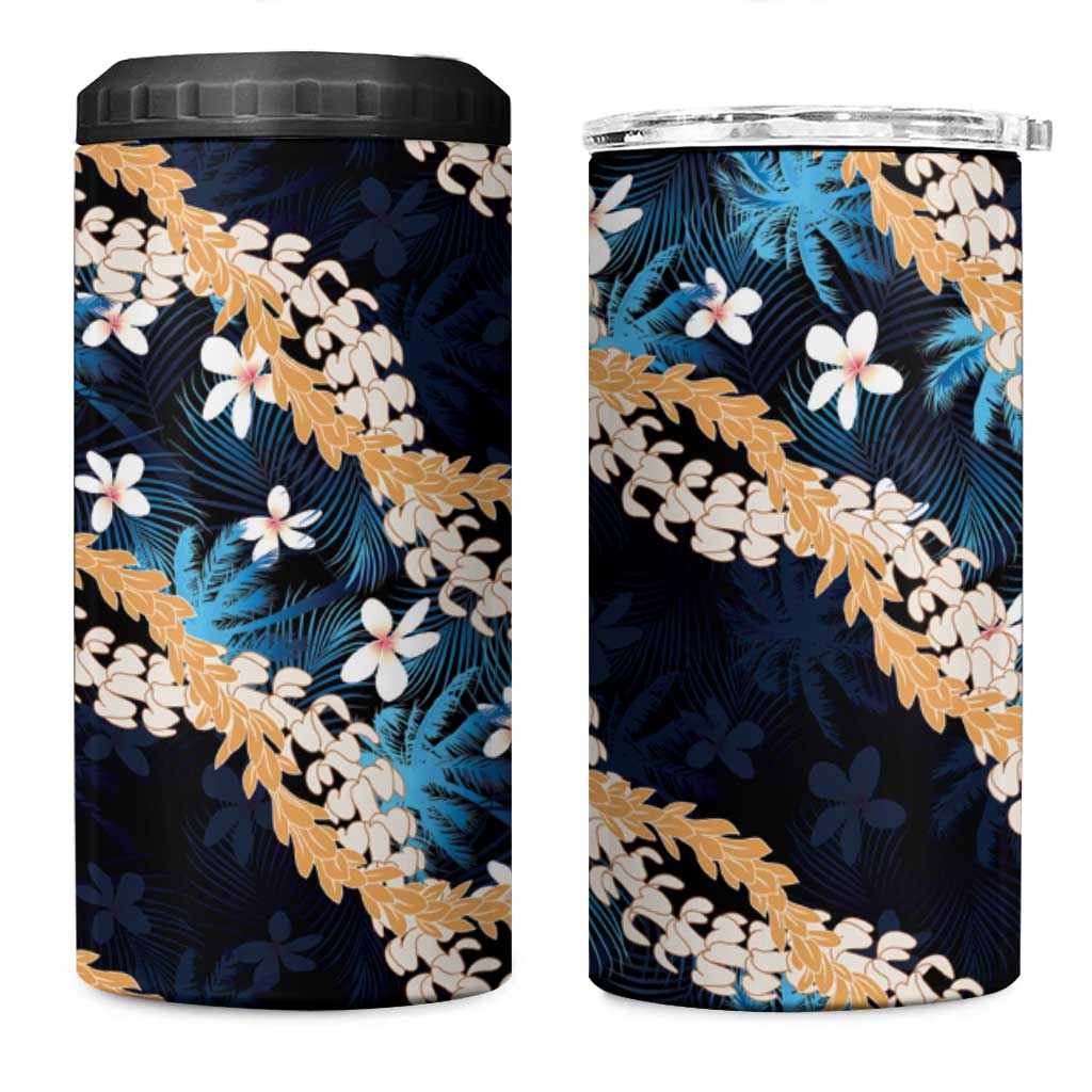 Puakenikeni Maile Lei 4 in 1 Can Cooler Tumbler Frangipani Blue Tropical Leaves