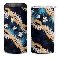 Puakenikeni Maile Lei 4 in 1 Can Cooler Tumbler Frangipani Blue Tropical Leaves