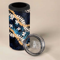 Puakenikeni Maile Lei 4 in 1 Can Cooler Tumbler Frangipani Blue Tropical Leaves