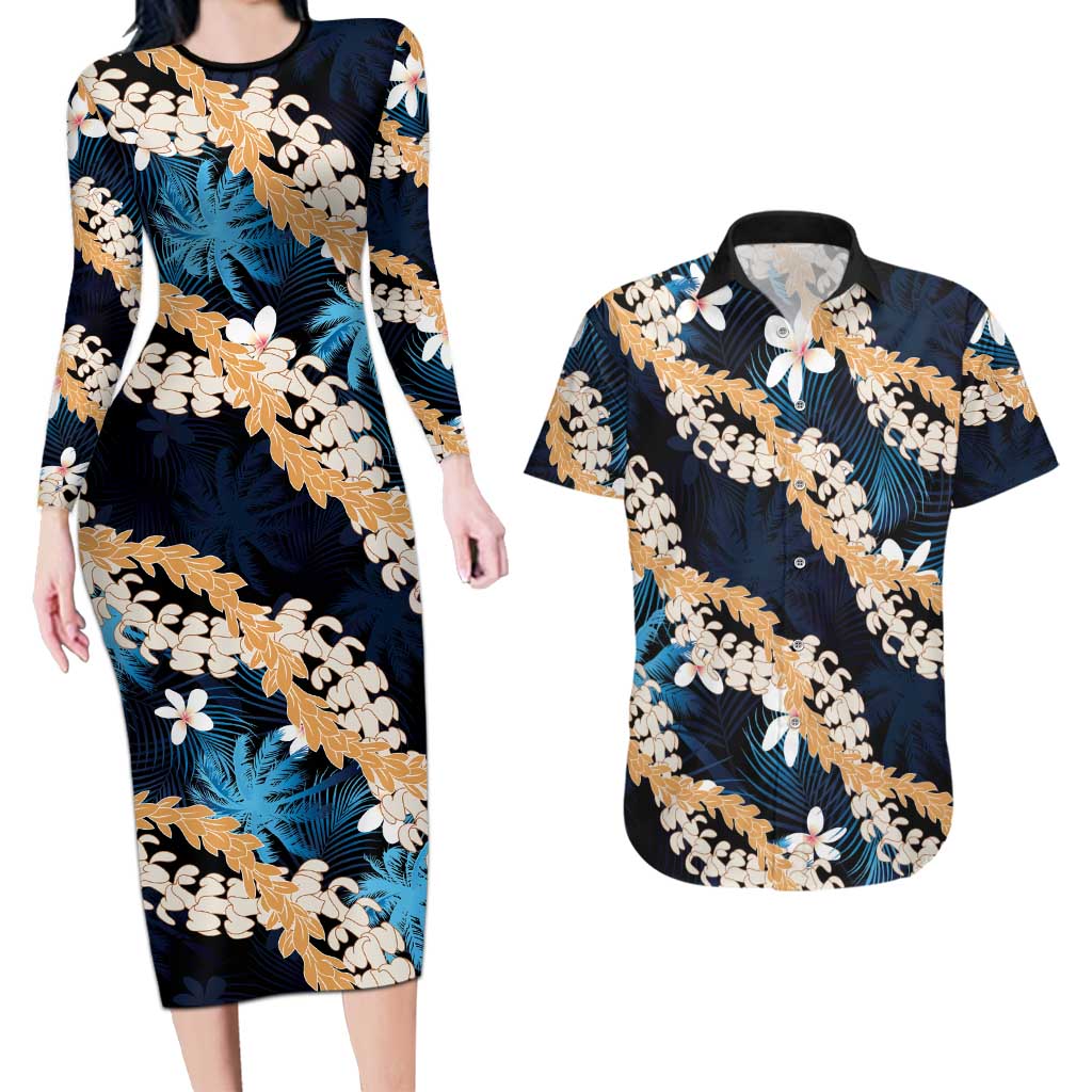 Puakenikeni Maile Lei Couples Matching Long Sleeve Bodycon Dress and Hawaiian Shirt Frangipani Blue Tropical Leaves LT01 Blue - Polynesian Pride