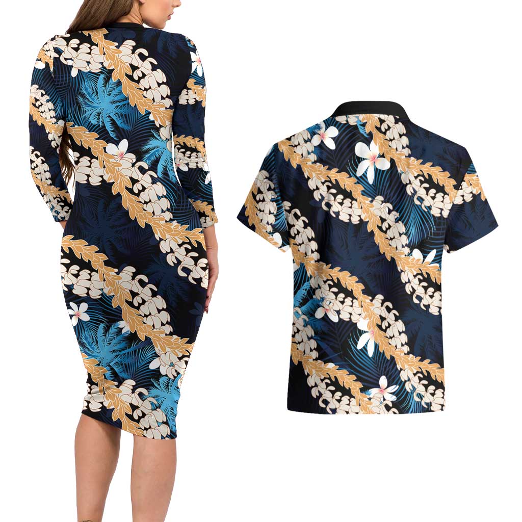 Puakenikeni Maile Lei Couples Matching Long Sleeve Bodycon Dress and Hawaiian Shirt Frangipani Blue Tropical Leaves LT01 - Polynesian Pride