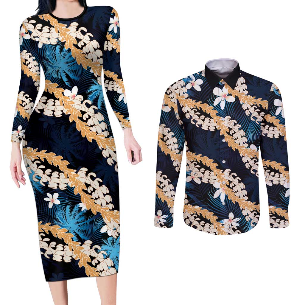 Puakenikeni Maile Lei Couples Matching Long Sleeve Bodycon Dress and Long Sleeve Button Shirt Frangipani Blue Tropical Leaves