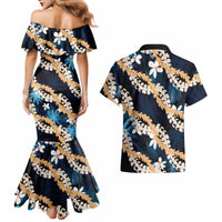 Puakenikeni Maile Lei Couples Matching Mermaid Dress and Hawaiian Shirt Frangipani Blue Tropical Leaves