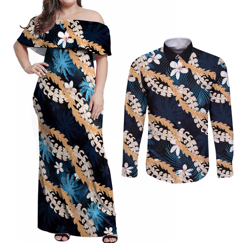 Puakenikeni Maile Lei Couples Matching Off Shoulder Maxi Dress and Long Sleeve Button Shirt Frangipani Blue Tropical Leaves