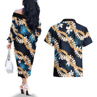Puakenikeni Maile Lei Couples Matching Off The Shoulder Long Sleeve Dress and Hawaiian Shirt Frangipani Blue Tropical Leaves