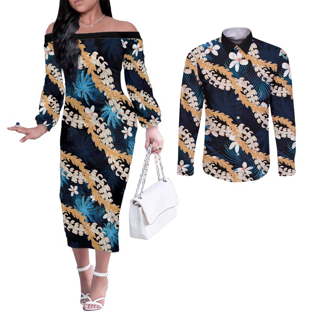 Puakenikeni Maile Lei Couples Matching Off The Shoulder Long Sleeve Dress and Long Sleeve Button Shirt Frangipani Blue Tropical Leaves