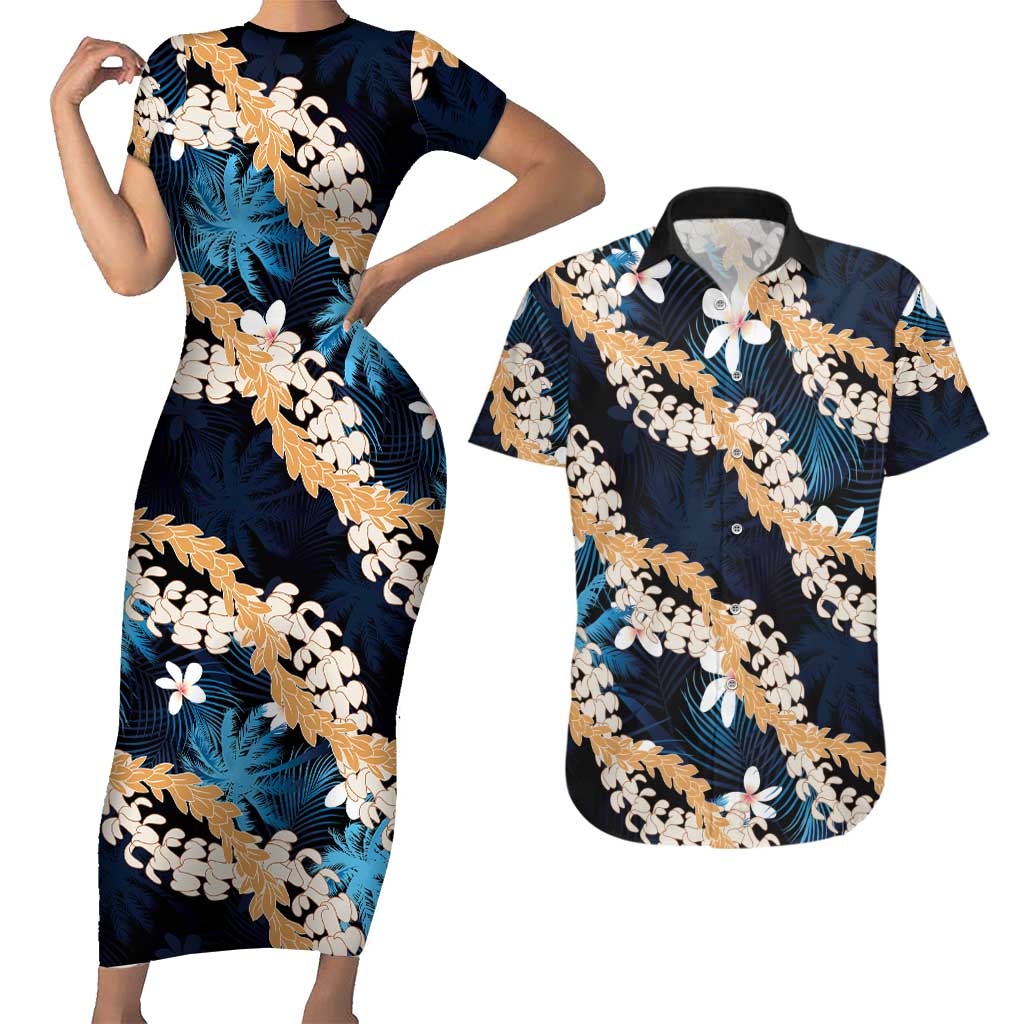 Puakenikeni Maile Lei Couples Matching Short Sleeve Bodycon Dress and Hawaiian Shirt Frangipani Blue Tropical Leaves LT01 Blue - Polynesian Pride