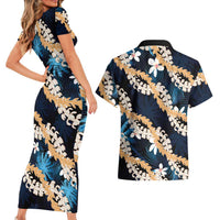 Puakenikeni Maile Lei Couples Matching Short Sleeve Bodycon Dress and Hawaiian Shirt Frangipani Blue Tropical Leaves LT01 - Polynesian Pride