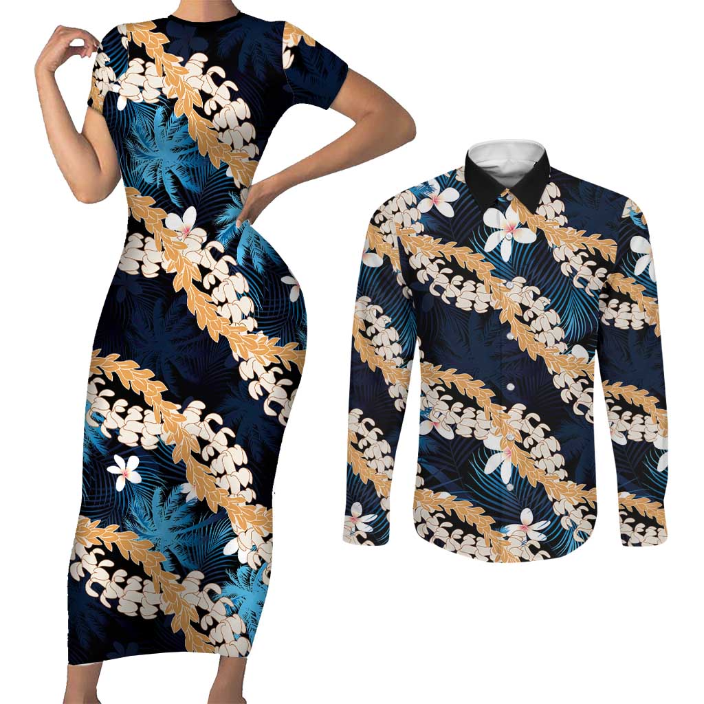 Puakenikeni Maile Lei Couples Matching Short Sleeve Bodycon Dress and Long Sleeve Button Shirt Frangipani Blue Tropical Leaves