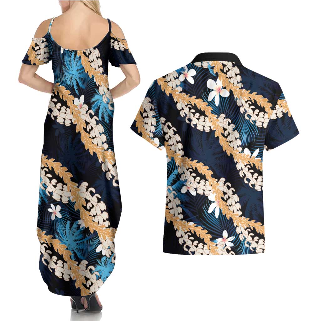 Puakenikeni Maile Lei Couples Matching Summer Maxi Dress and Hawaiian Shirt Frangipani Blue Tropical Leaves