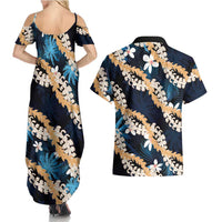 Puakenikeni Maile Lei Couples Matching Summer Maxi Dress and Hawaiian Shirt Frangipani Blue Tropical Leaves