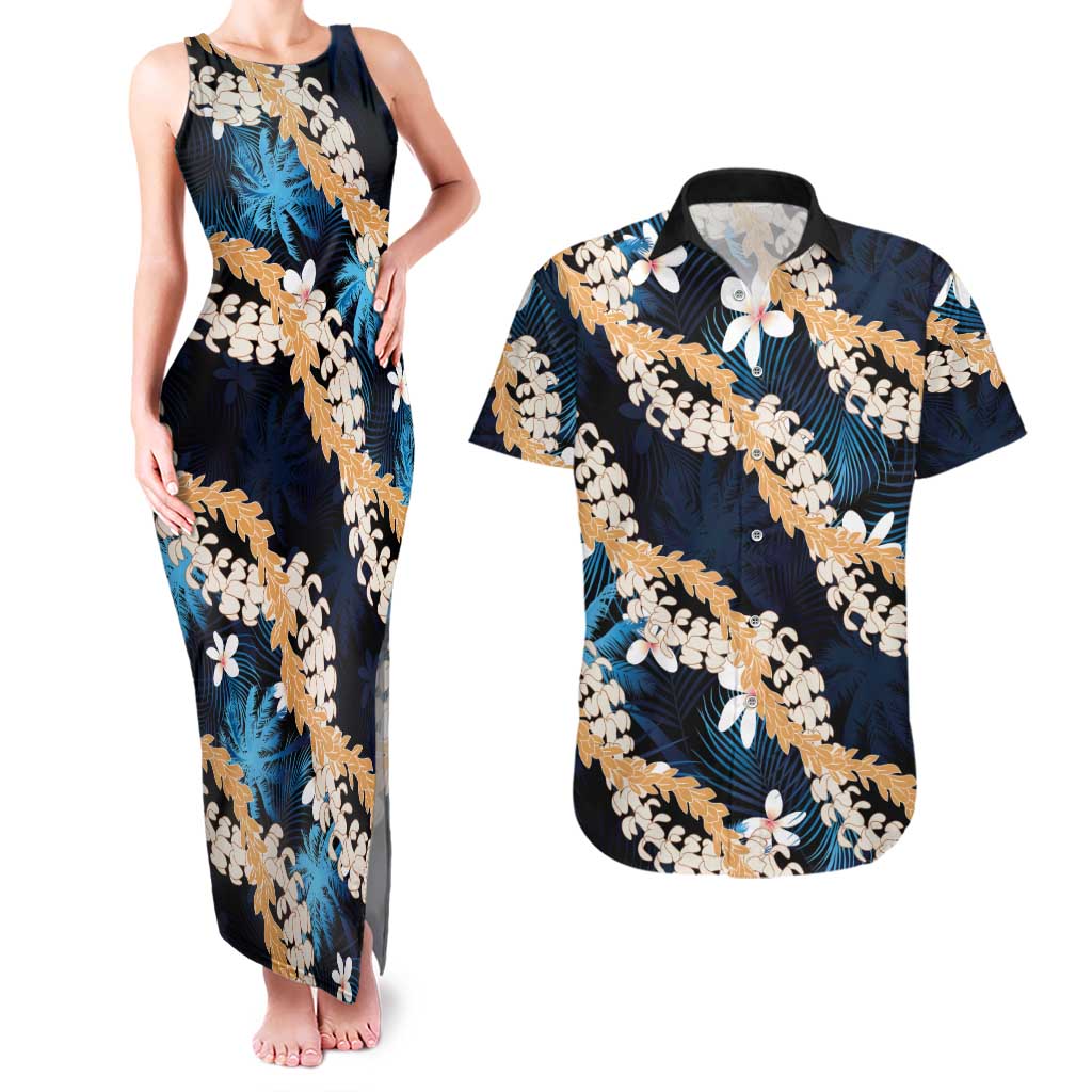 Puakenikeni Maile Lei Couples Matching Tank Maxi Dress and Hawaiian Shirt Frangipani Blue Tropical Leaves