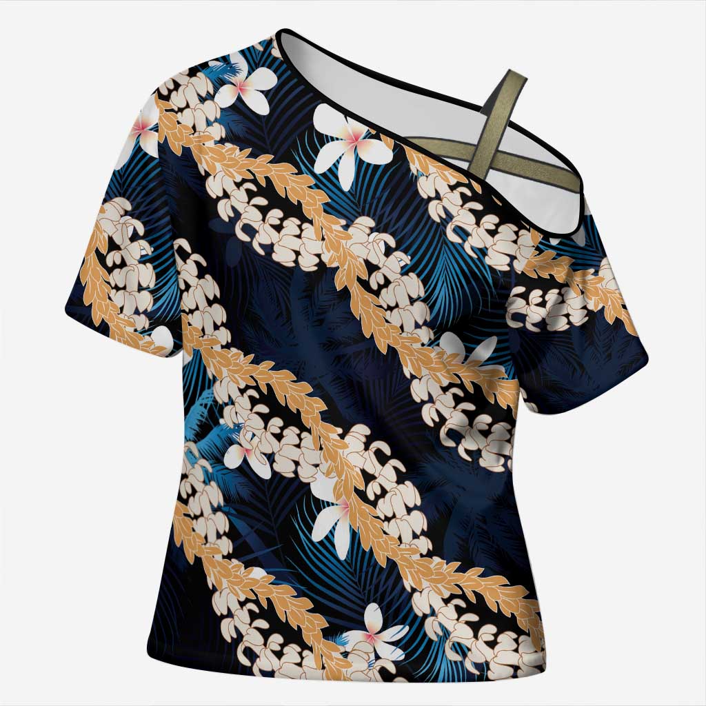 Puakenikeni Maile Lei Cross Shoulder Shirt Frangipani Blue Tropical Leaves