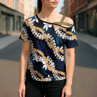 Puakenikeni Maile Lei Cross Shoulder Shirt Frangipani Blue Tropical Leaves