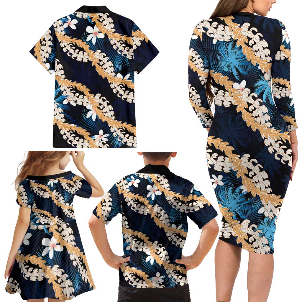 Puakenikeni Maile Lei Family Matching Long Sleeve Bodycon Dress and Hawaiian Shirt Frangipani Blue Tropical Leaves