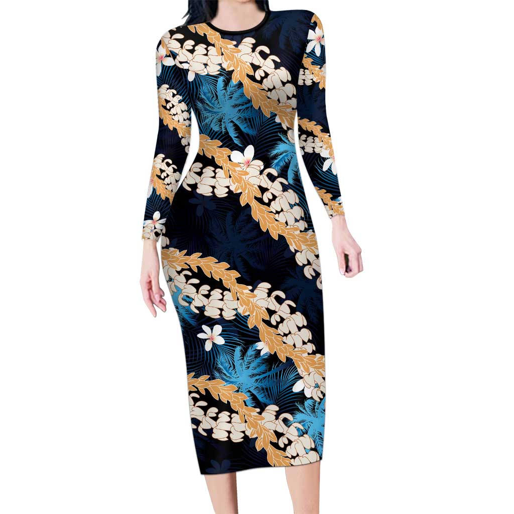 Puakenikeni Maile Lei Family Matching Long Sleeve Bodycon Dress and Hawaiian Shirt Frangipani Blue Tropical Leaves
