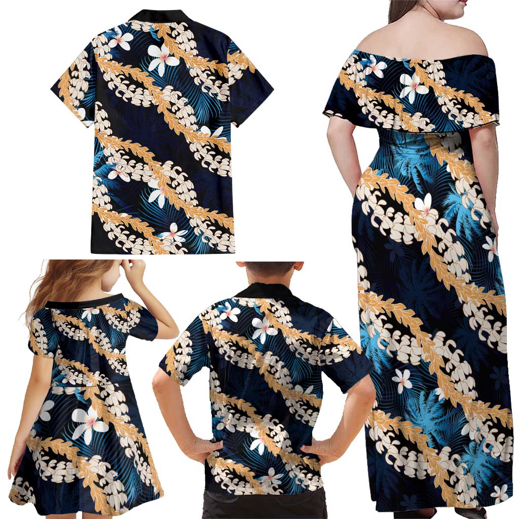 Puakenikeni Maile Lei Family Matching Off Shoulder Maxi Dress and Hawaiian Shirt Frangipani Blue Tropical Leaves