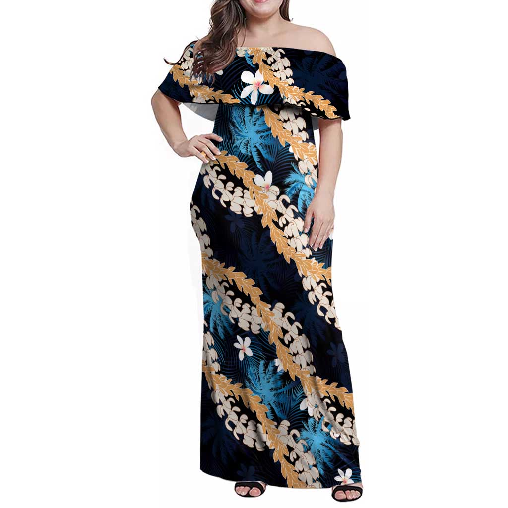 Puakenikeni Maile Lei Family Matching Off Shoulder Maxi Dress and Hawaiian Shirt Frangipani Blue Tropical Leaves