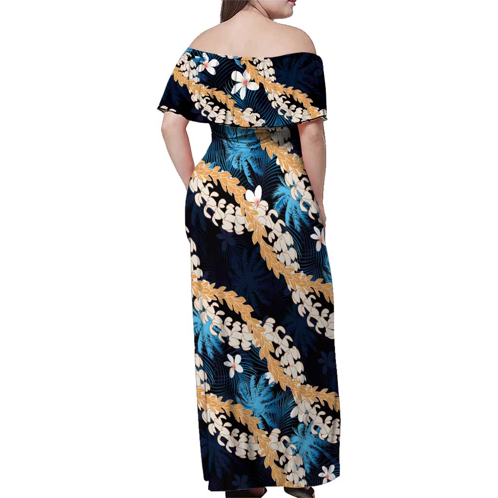 Puakenikeni Maile Lei Family Matching Off Shoulder Maxi Dress and Hawaiian Shirt Frangipani Blue Tropical Leaves