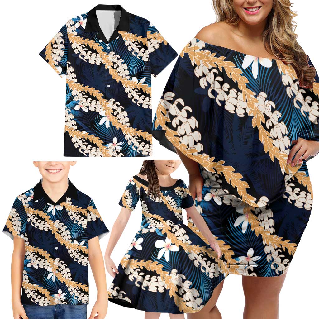 Puakenikeni Maile Lei Family Matching Off Shoulder Short Dress and Hawaiian Shirt Frangipani Blue Tropical Leaves