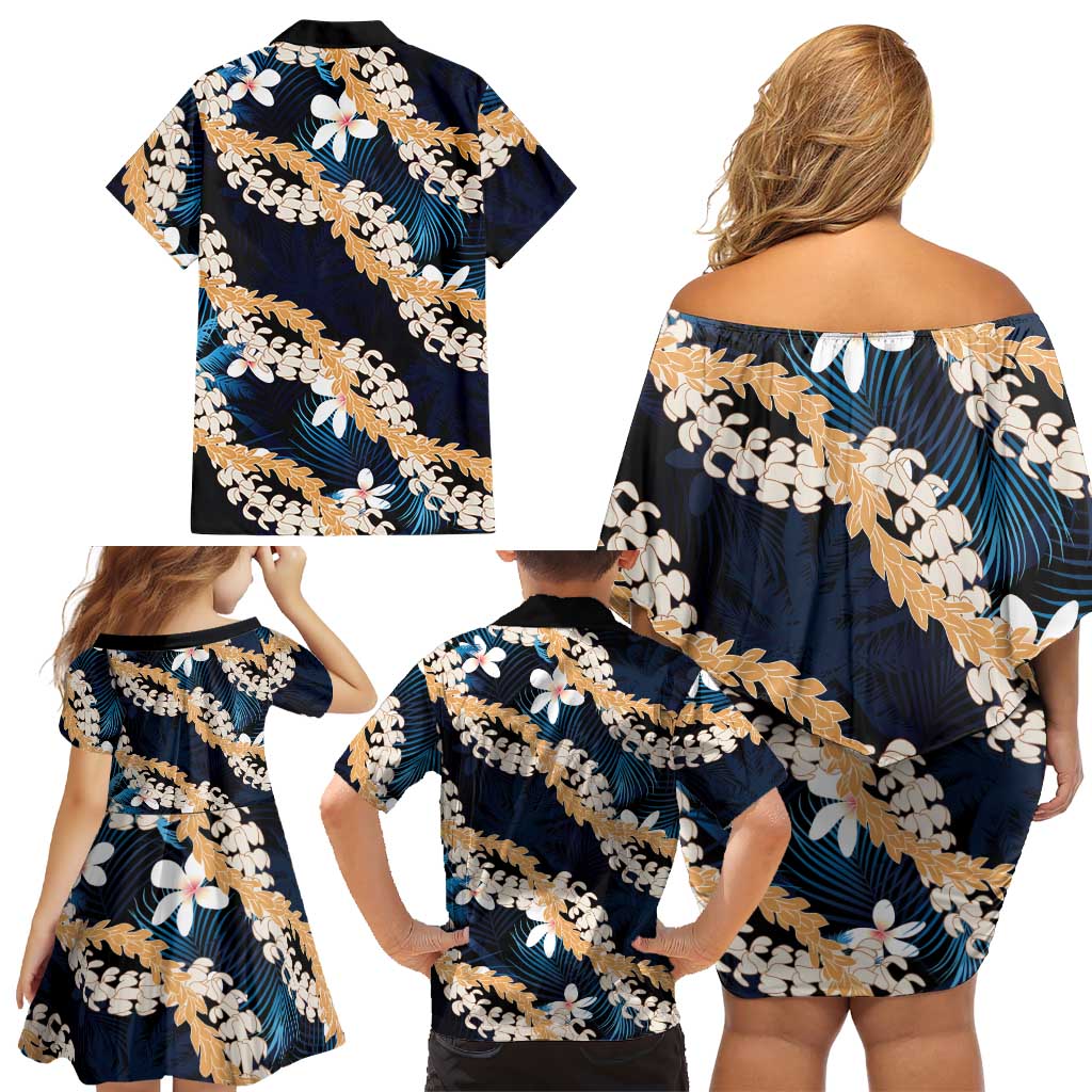 Puakenikeni Maile Lei Family Matching Off Shoulder Short Dress and Hawaiian Shirt Frangipani Blue Tropical Leaves