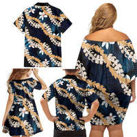 Puakenikeni Maile Lei Family Matching Off Shoulder Short Dress and Hawaiian Shirt Frangipani Blue Tropical Leaves