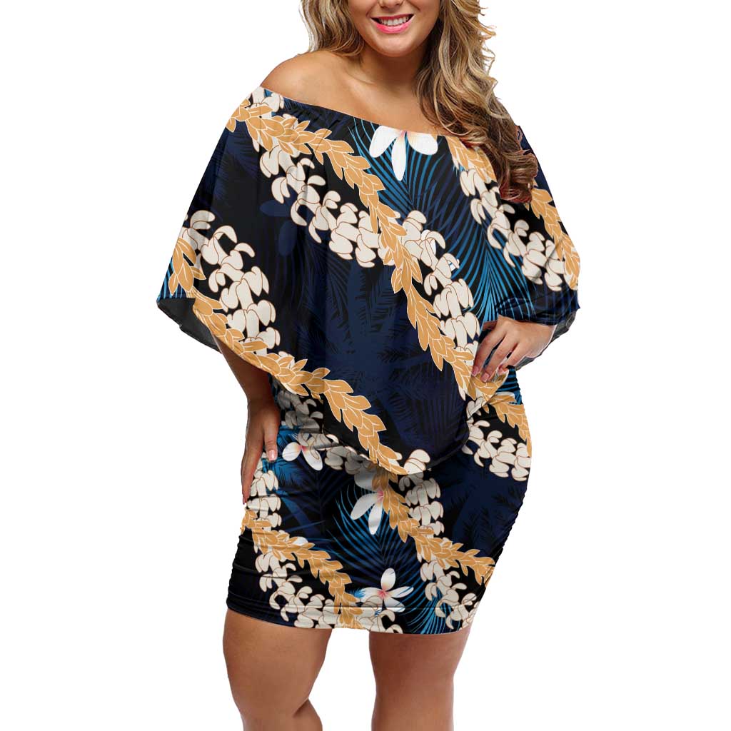 Puakenikeni Maile Lei Family Matching Off Shoulder Short Dress and Hawaiian Shirt Frangipani Blue Tropical Leaves