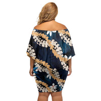 Puakenikeni Maile Lei Family Matching Off Shoulder Short Dress and Hawaiian Shirt Frangipani Blue Tropical Leaves