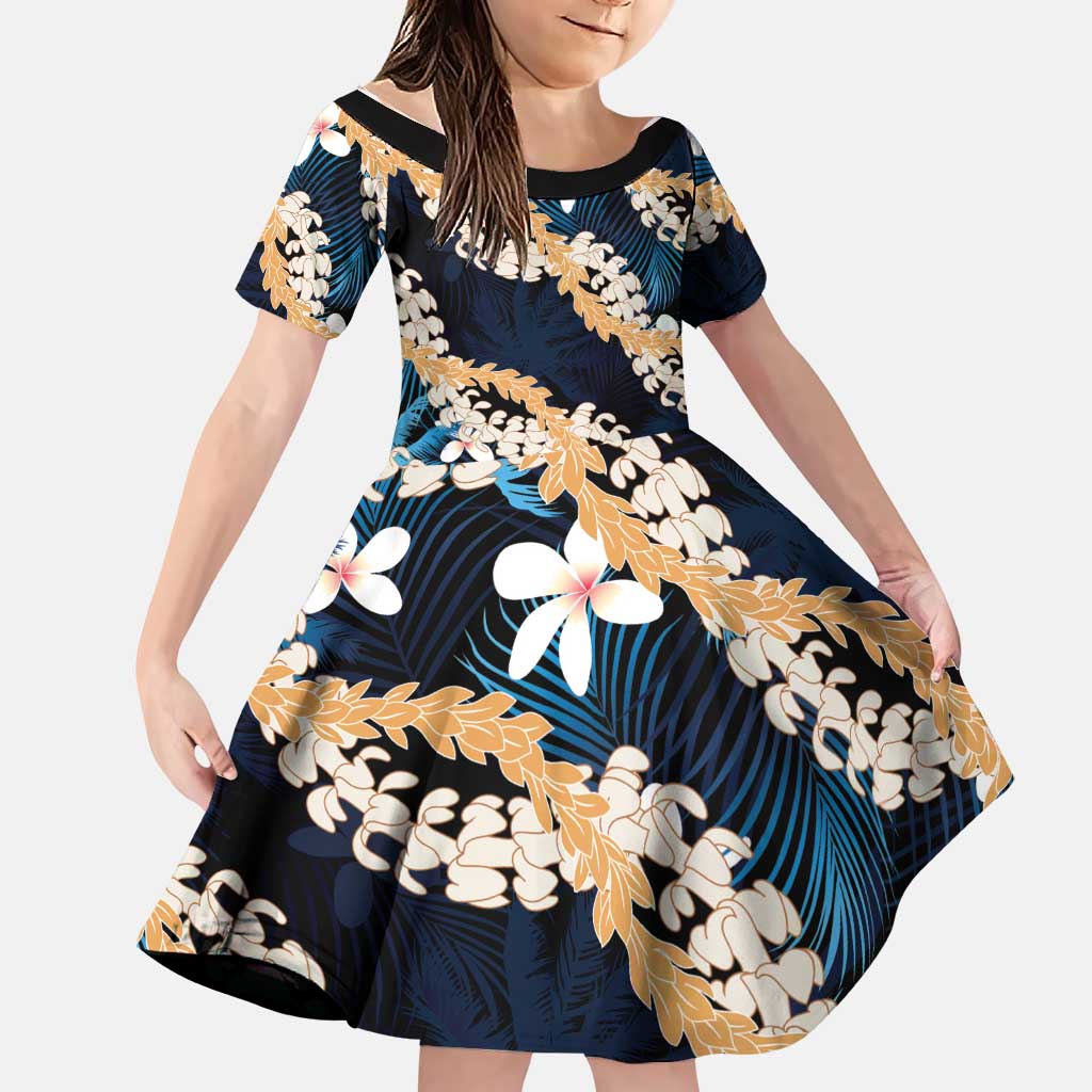 Puakenikeni Maile Lei Family Matching Puletasi and Hawaiian Shirt Frangipani Blue Tropical Leaves LT01 Daughter's Dress Blue - Polynesian Pride