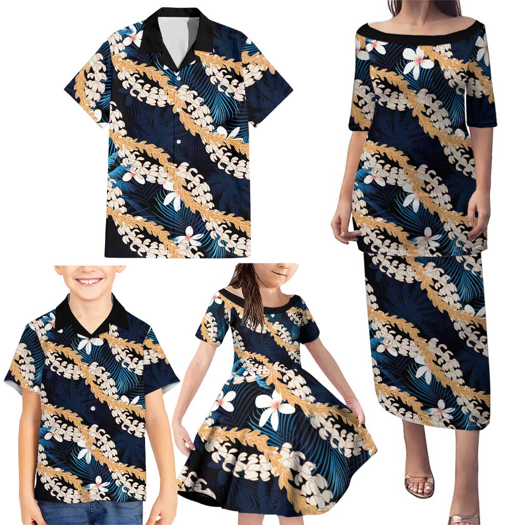 Puakenikeni Maile Lei Family Matching Puletasi and Hawaiian Shirt Frangipani Blue Tropical Leaves LT01 - Polynesian Pride