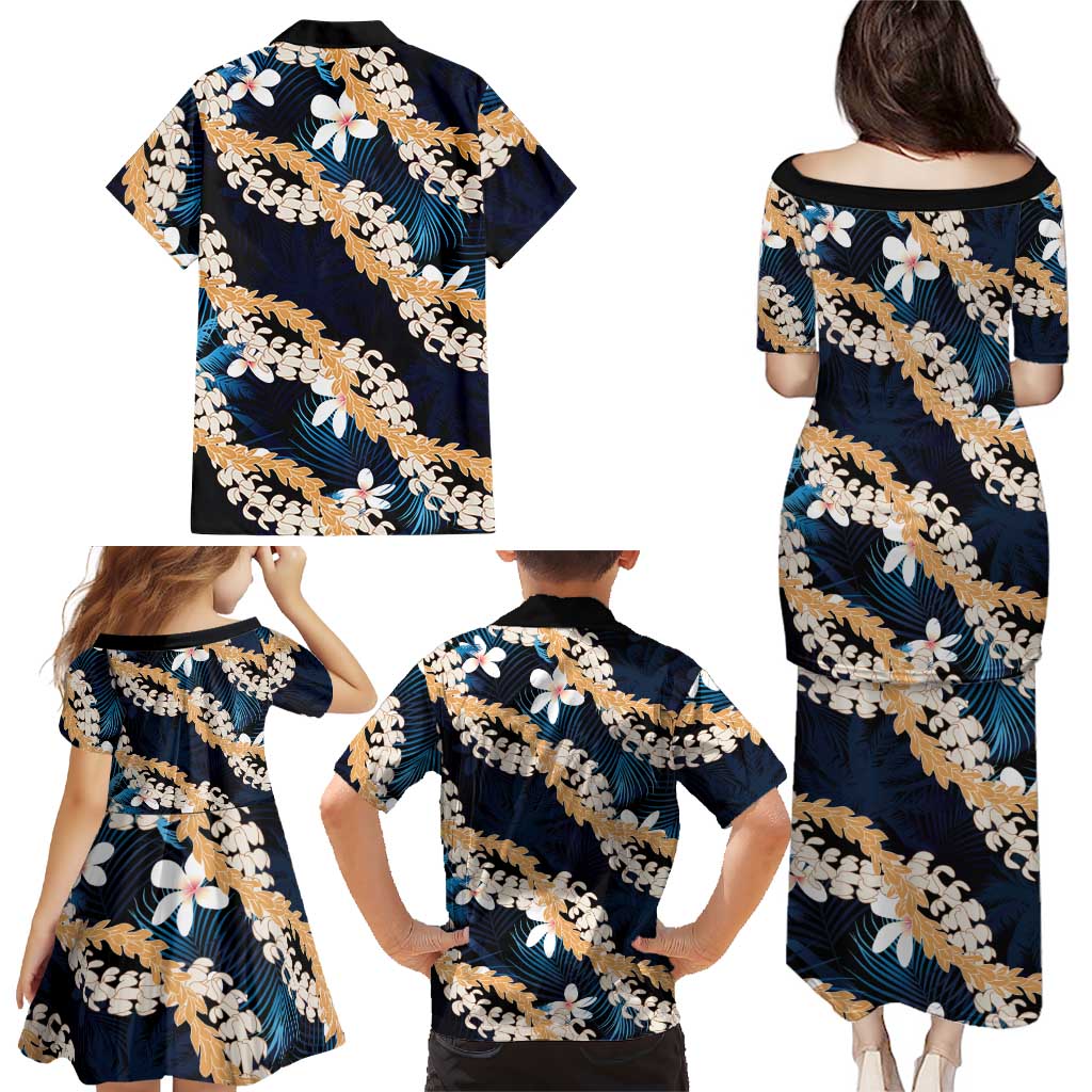Puakenikeni Maile Lei Family Matching Puletasi and Hawaiian Shirt Frangipani Blue Tropical Leaves LT01 - Polynesian Pride