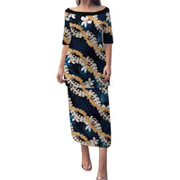 Puakenikeni Maile Lei Family Matching Puletasi and Hawaiian Shirt Frangipani Blue Tropical Leaves LT01 Mom's Dress Blue - Polynesian Pride