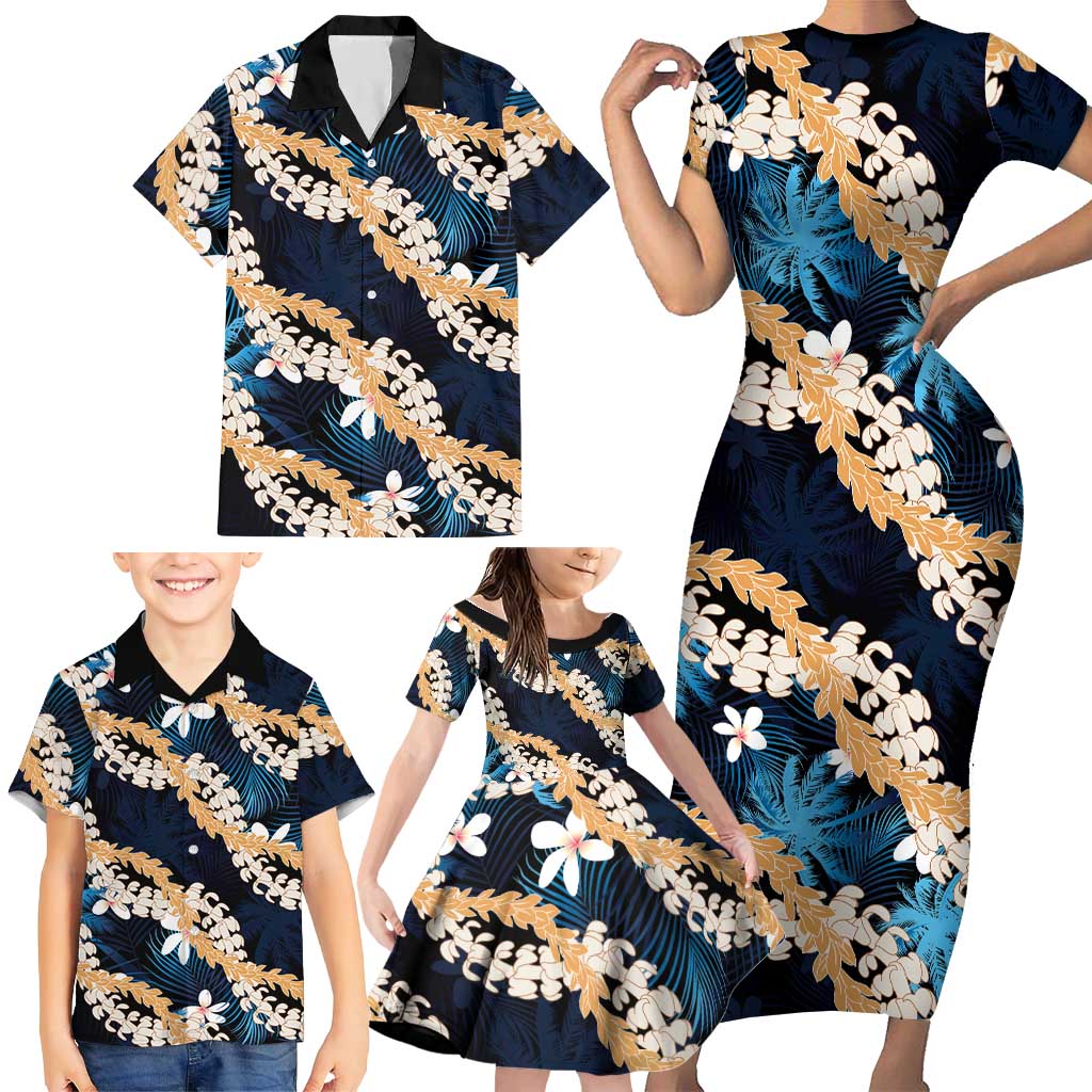 Puakenikeni Maile Lei Family Matching Short Sleeve Bodycon Dress and Hawaiian Shirt Frangipani Blue Tropical Leaves