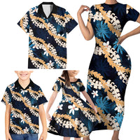 Puakenikeni Maile Lei Family Matching Short Sleeve Bodycon Dress and Hawaiian Shirt Frangipani Blue Tropical Leaves