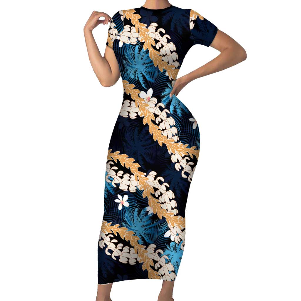 Puakenikeni Maile Lei Family Matching Short Sleeve Bodycon Dress and Hawaiian Shirt Frangipani Blue Tropical Leaves