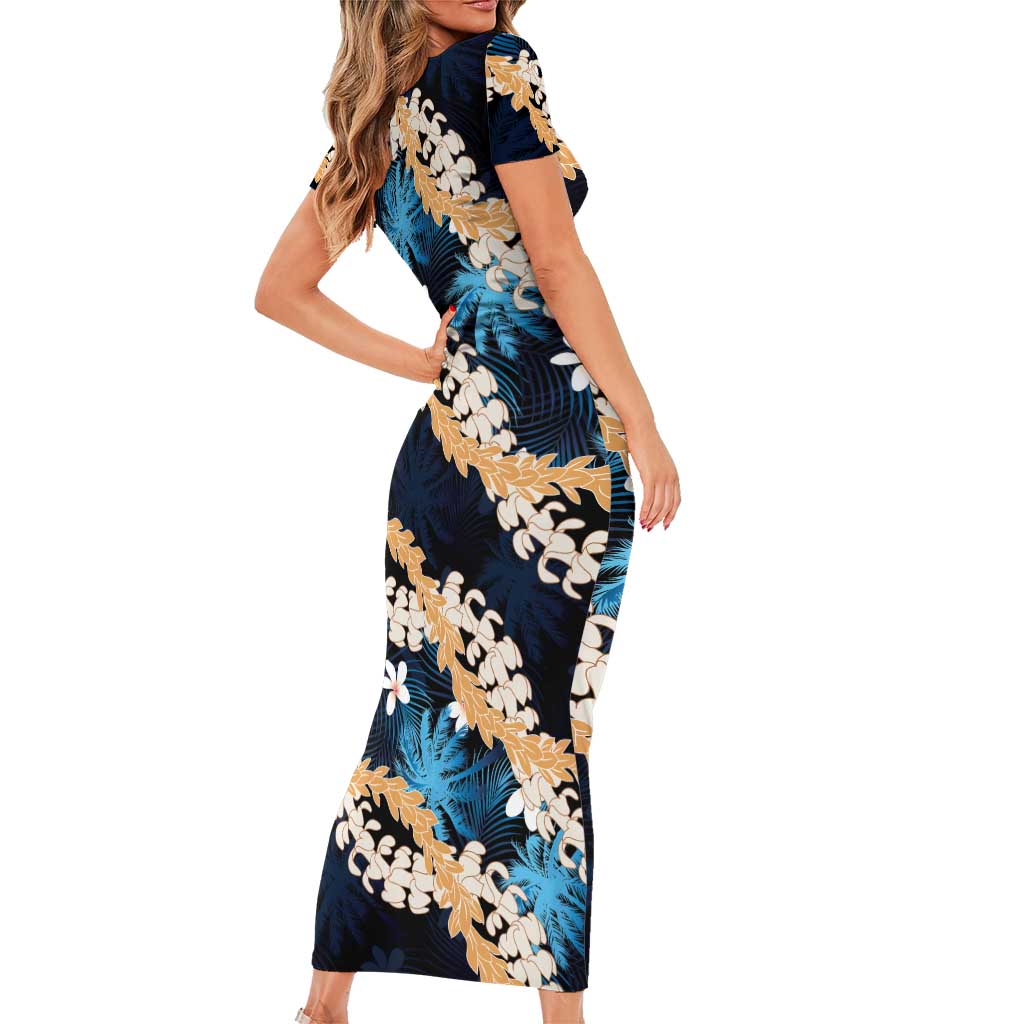 Puakenikeni Maile Lei Family Matching Short Sleeve Bodycon Dress and Hawaiian Shirt Frangipani Blue Tropical Leaves