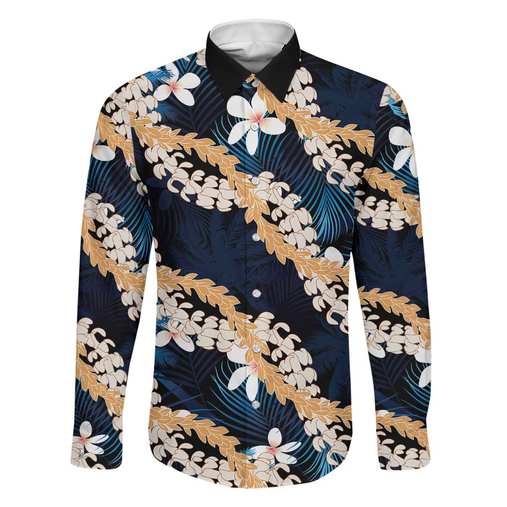 Puakenikeni Maile Lei Family Matching Summer Maxi Dress and Hawaiian Shirt Frangipani Blue Tropical Leaves LT01 Dad's Shirt - Long Sleeve Blue - Polynesian Pride