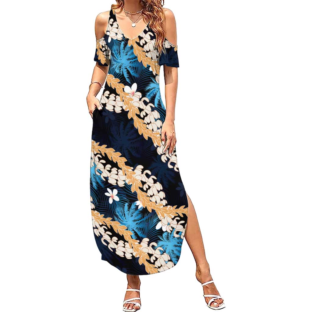 Puakenikeni Maile Lei Family Matching Summer Maxi Dress and Hawaiian Shirt Frangipani Blue Tropical Leaves LT01 Mom's Dress Blue - Polynesian Pride