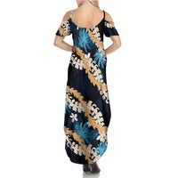 Puakenikeni Maile Lei Family Matching Summer Maxi Dress and Hawaiian Shirt Frangipani Blue Tropical Leaves LT01 - Polynesian Pride